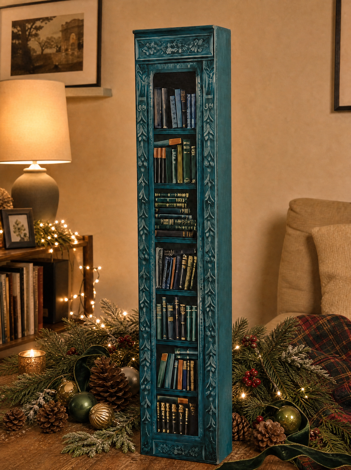 Midwinter Teal mini book advent calendar, closed, in a cozy living room