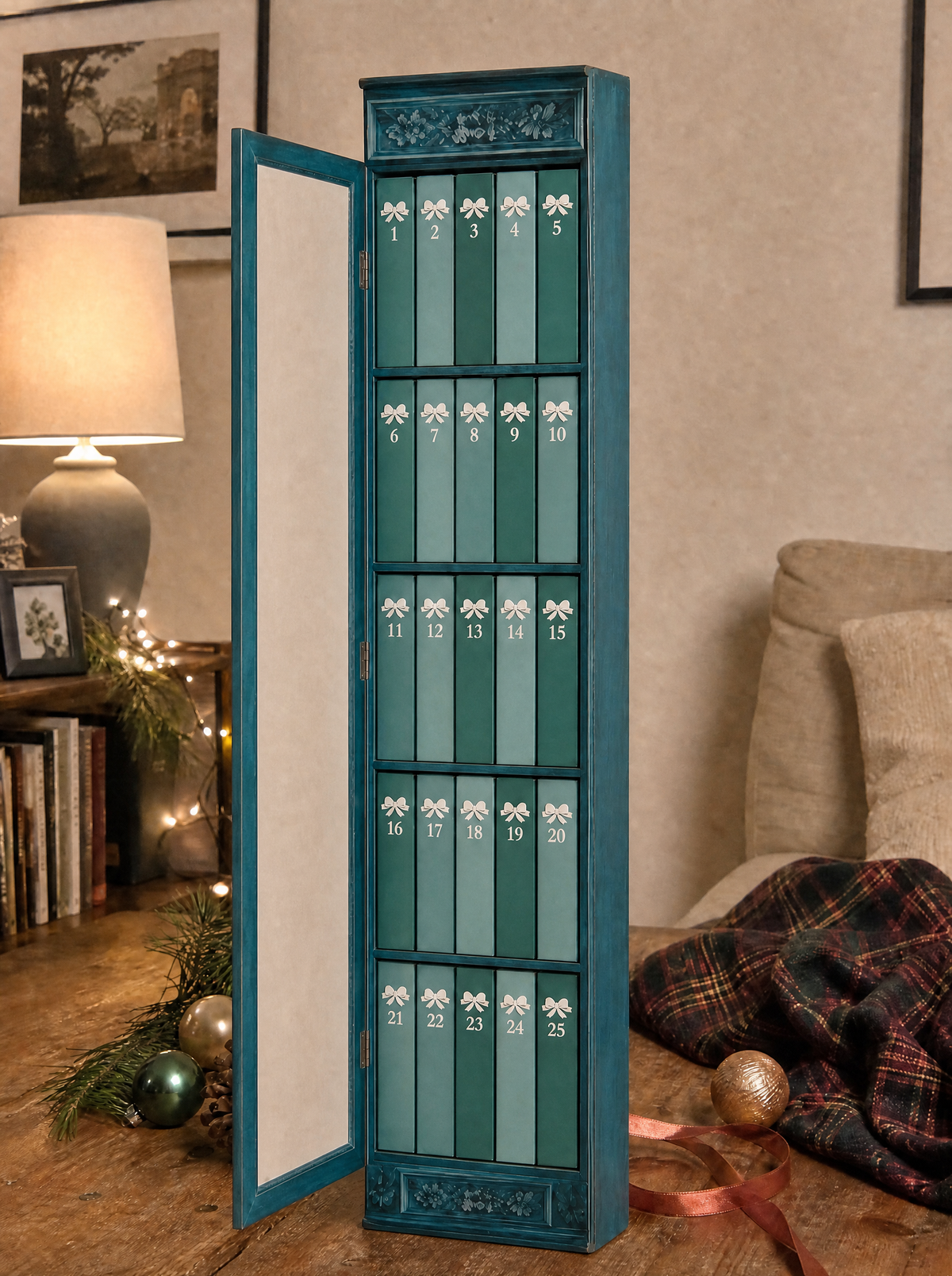 Midwinter Teal mini book advent calendar, door open showing 25 numbered drawers