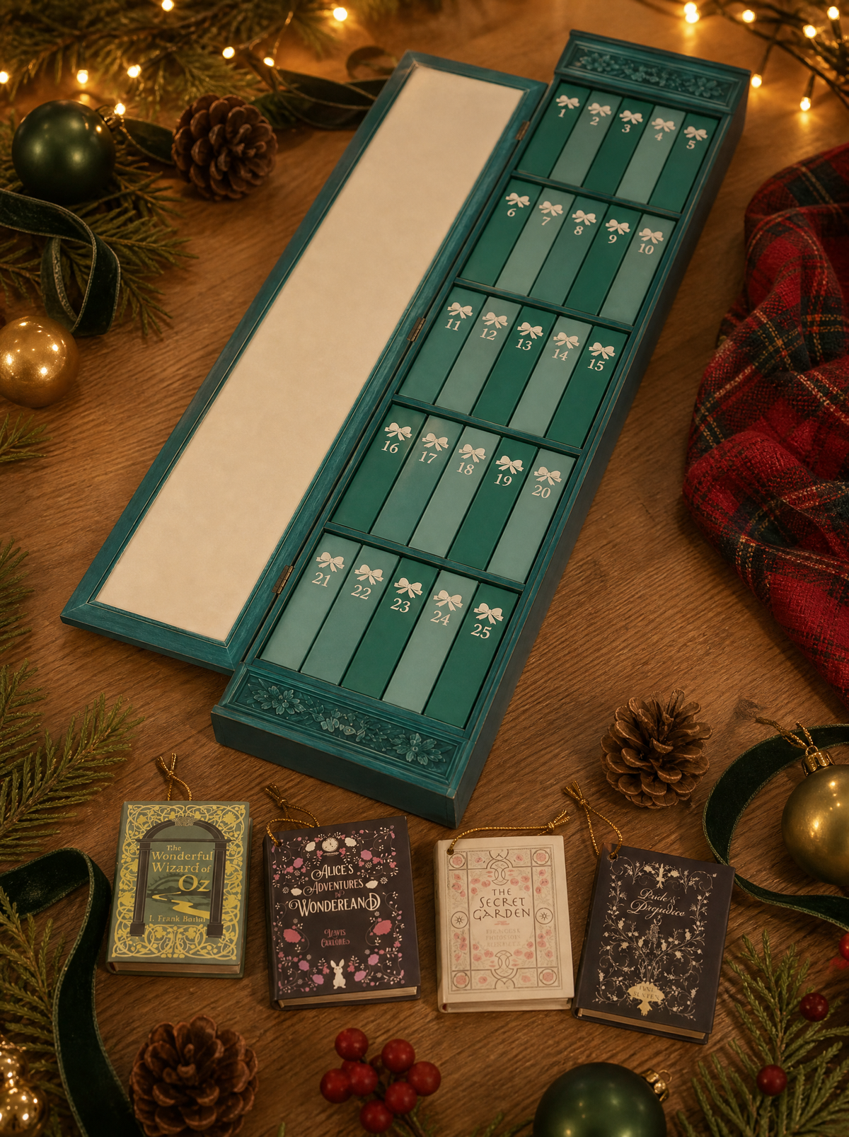 Midwinter Teal advent calendar drawers laid flat with three tiny books removed