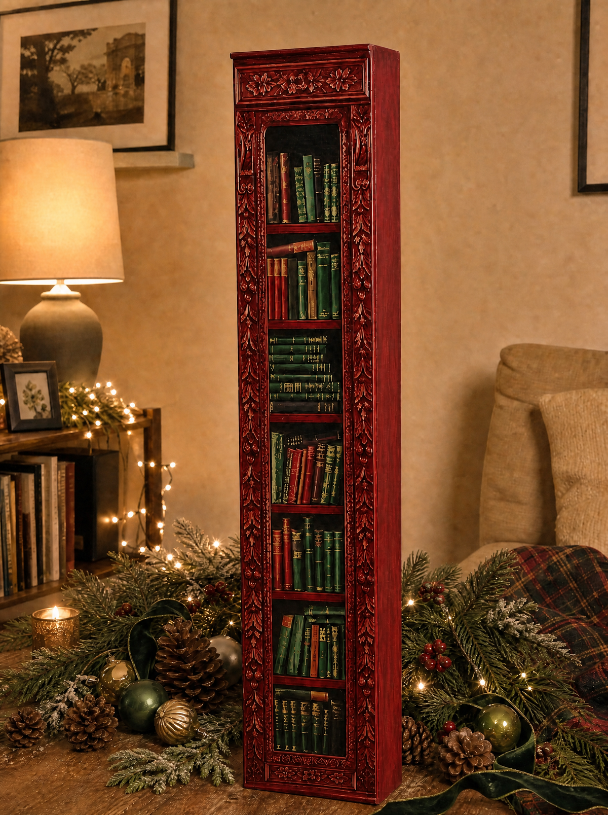 Firelight Red mini book advent calendar, closed, in a cozy living room